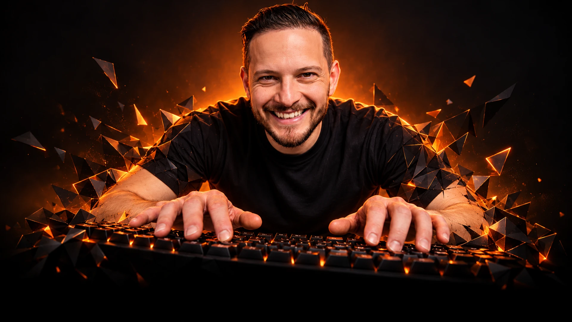 Daniel Ferreira smiling at a keyboard, framed by angular obsidian shapes.